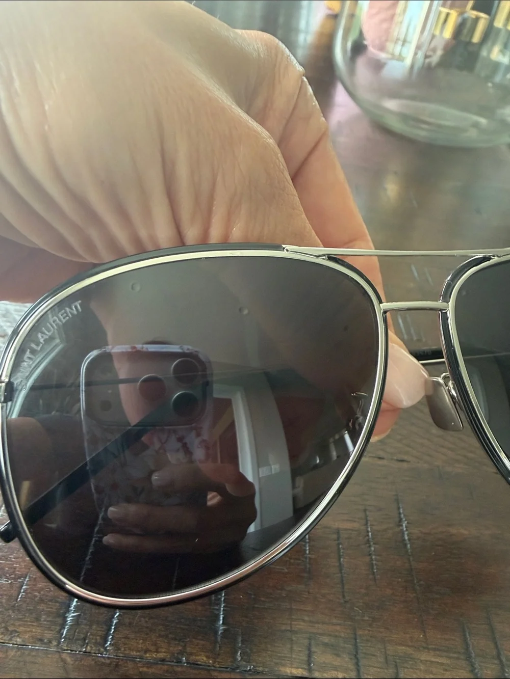 Saint Laurent Silver Aviator Sunglasses with Black Lenses